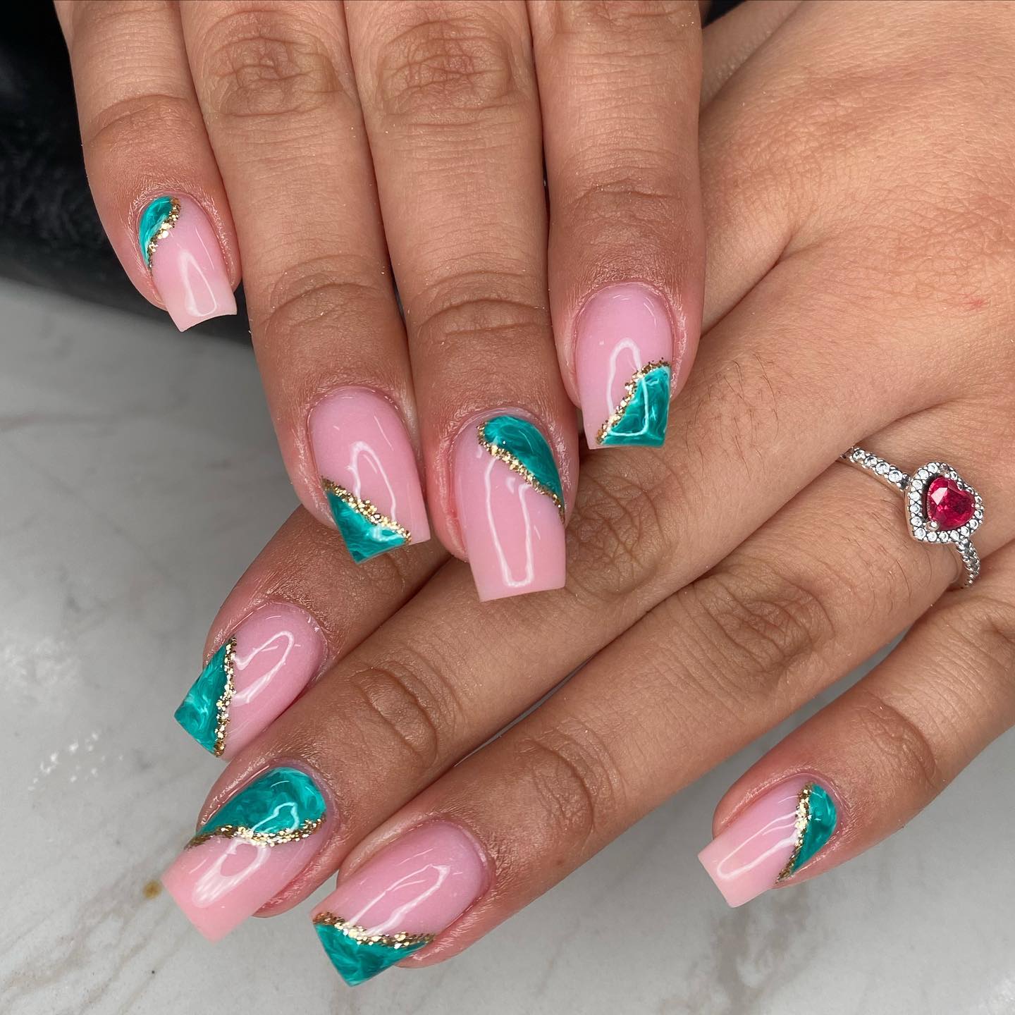 Green, pink & gold marble nail art