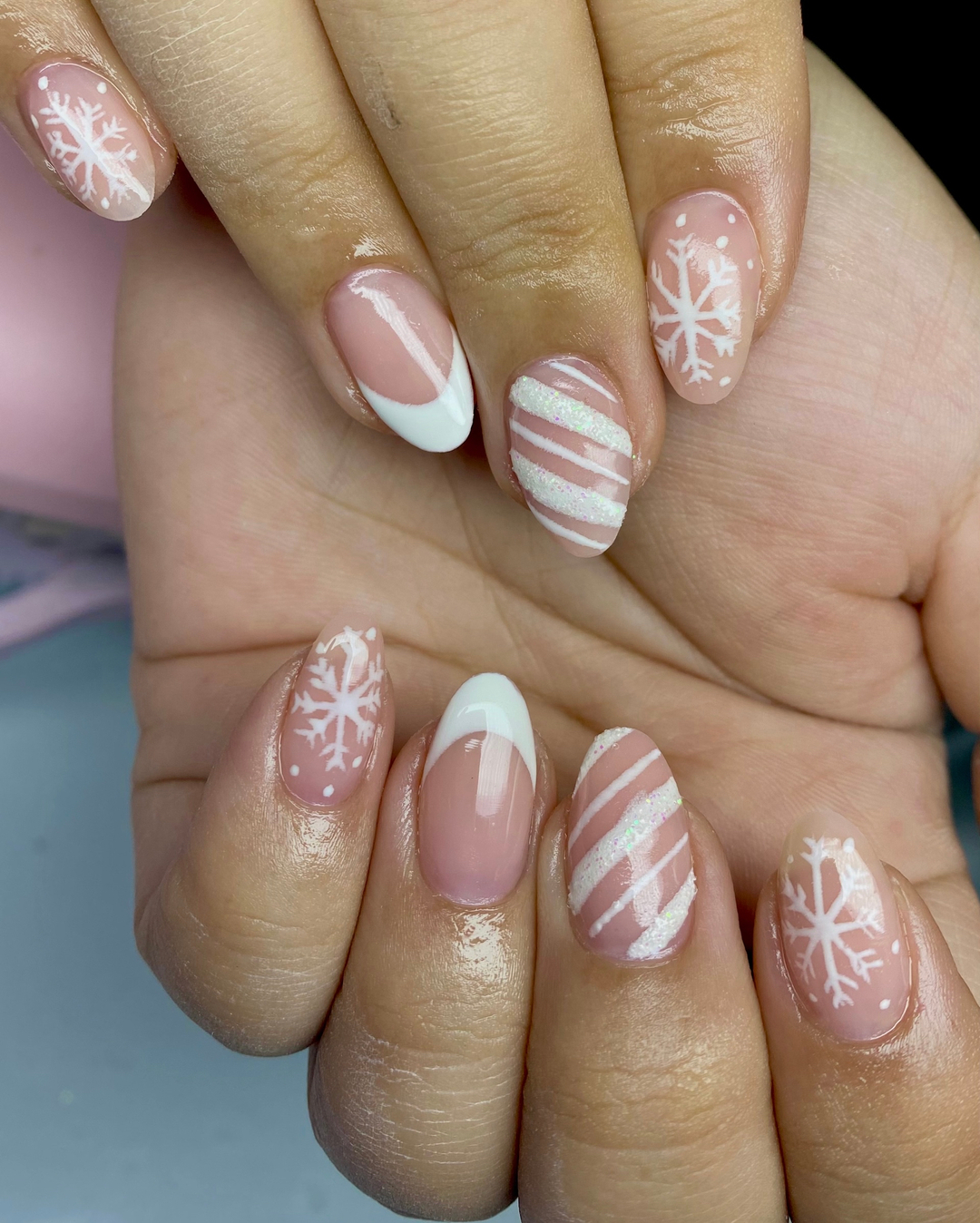 white on nude Christmas nails