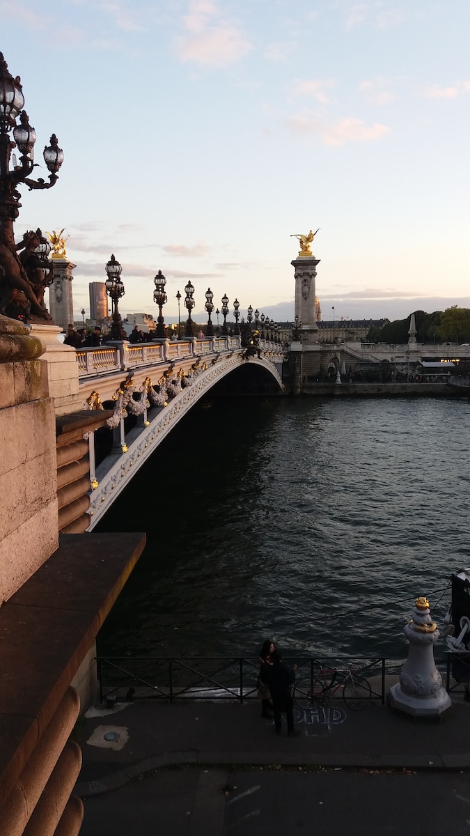 a bridge over a body of water with statues on it