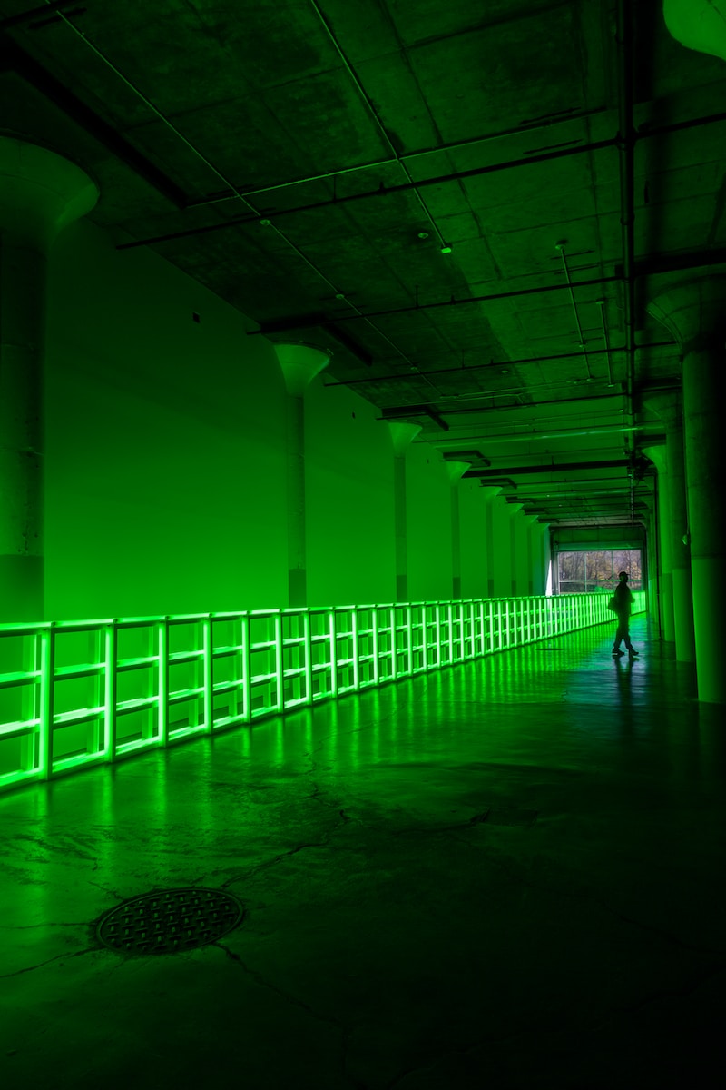 man in black jacket walking on green hallway