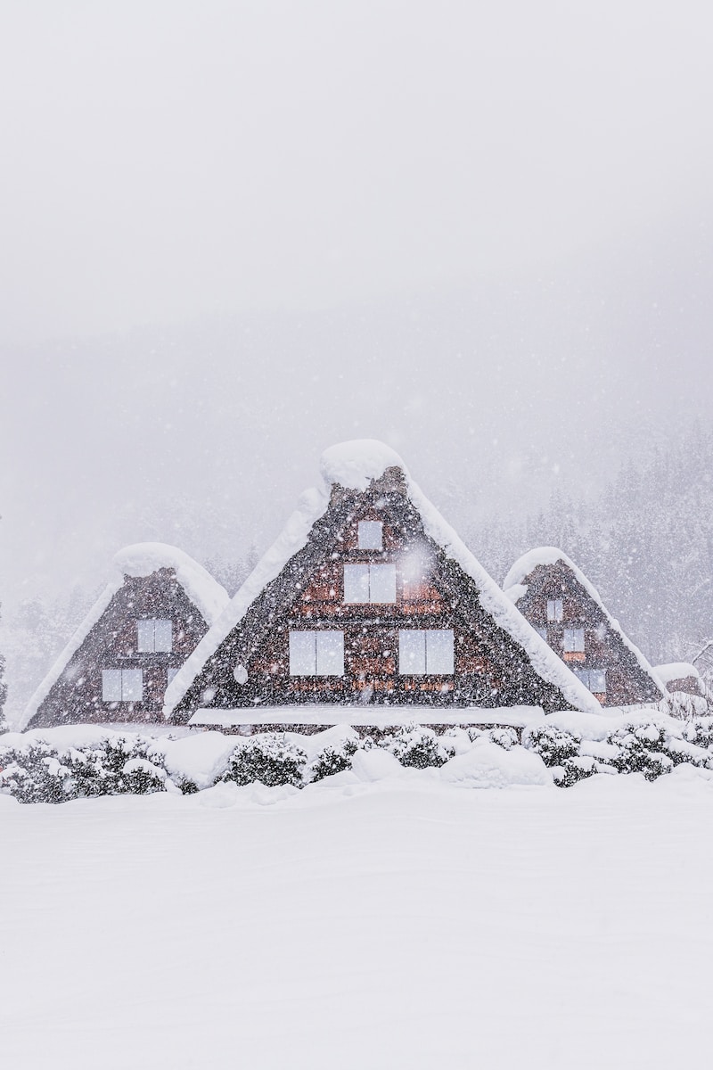 a house covered in snow with trees in the background