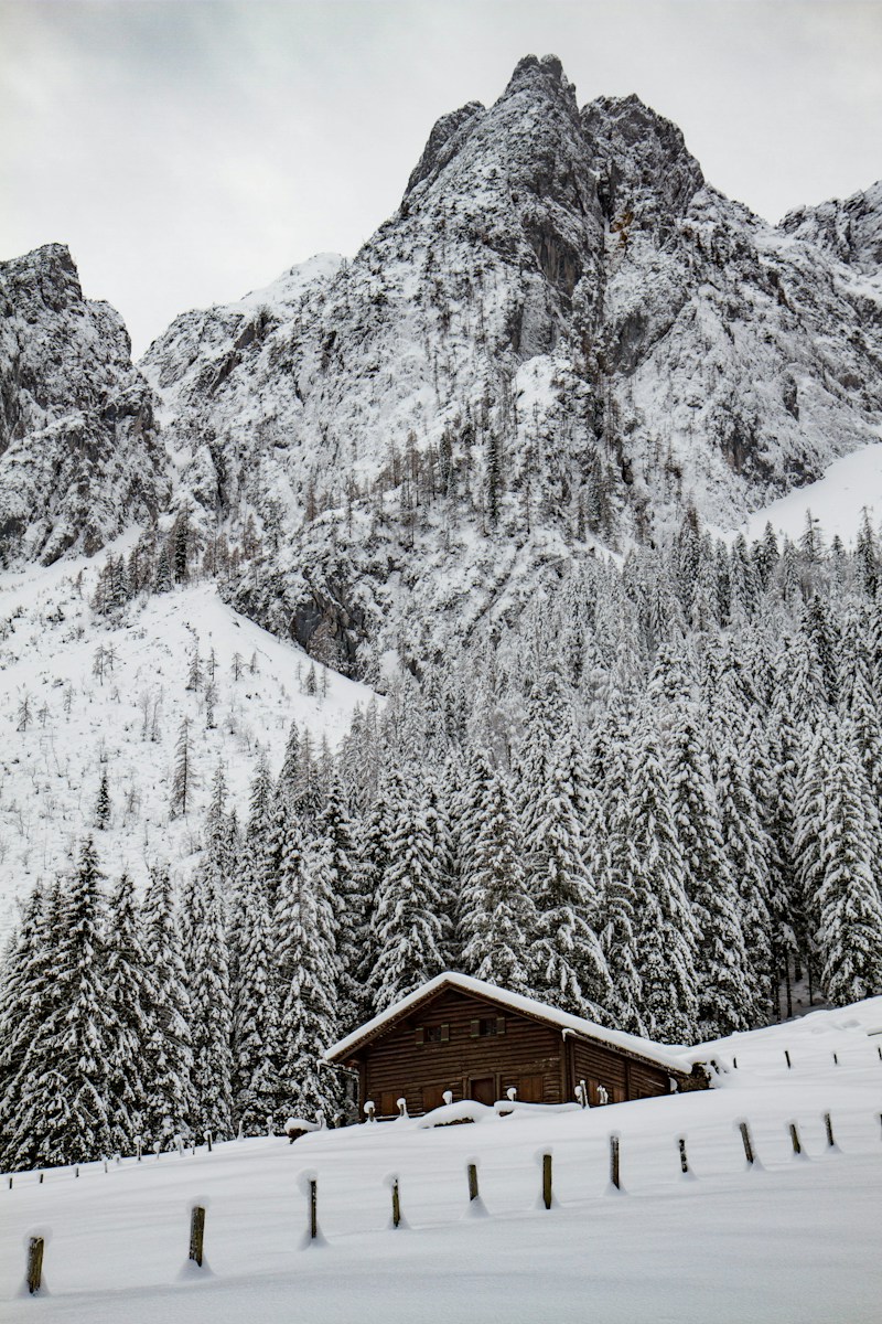 brown cabin on snow-covered mountain