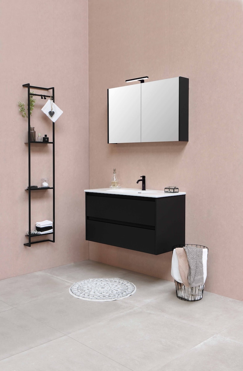 black and white wooden sink cabinet