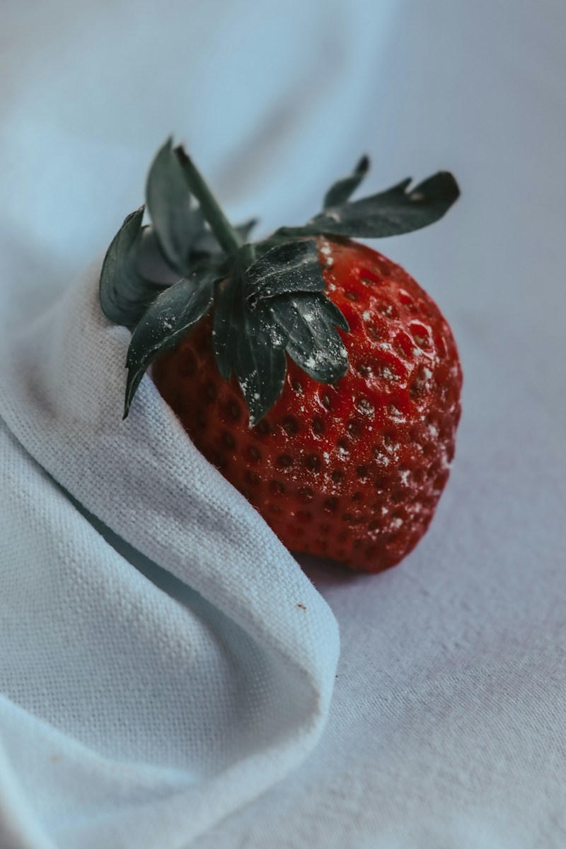 a close up of a strawberry on a white cloth