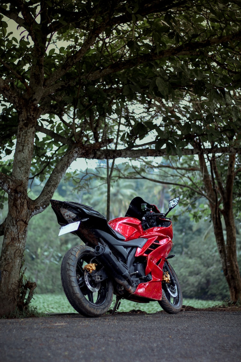 a red motorcycle parked next to a tree