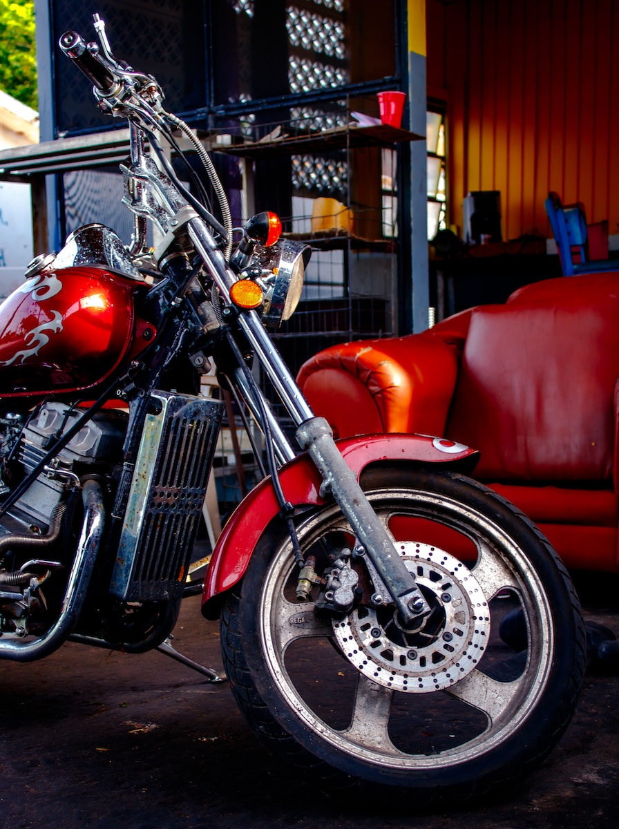 a motorcycle is parked in a garage