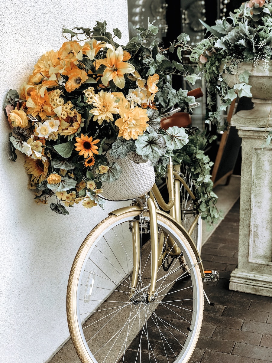 flowers on bicycle's basket