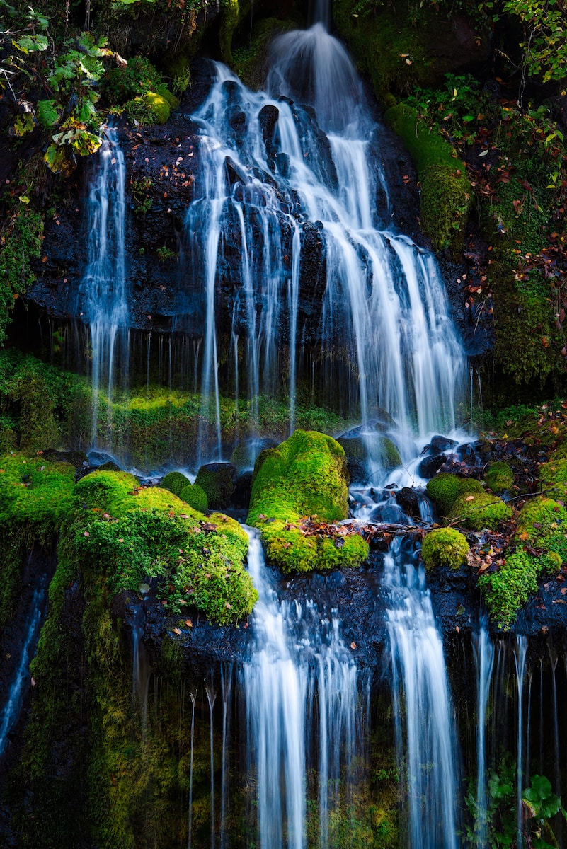 water falls with green moss and green moss