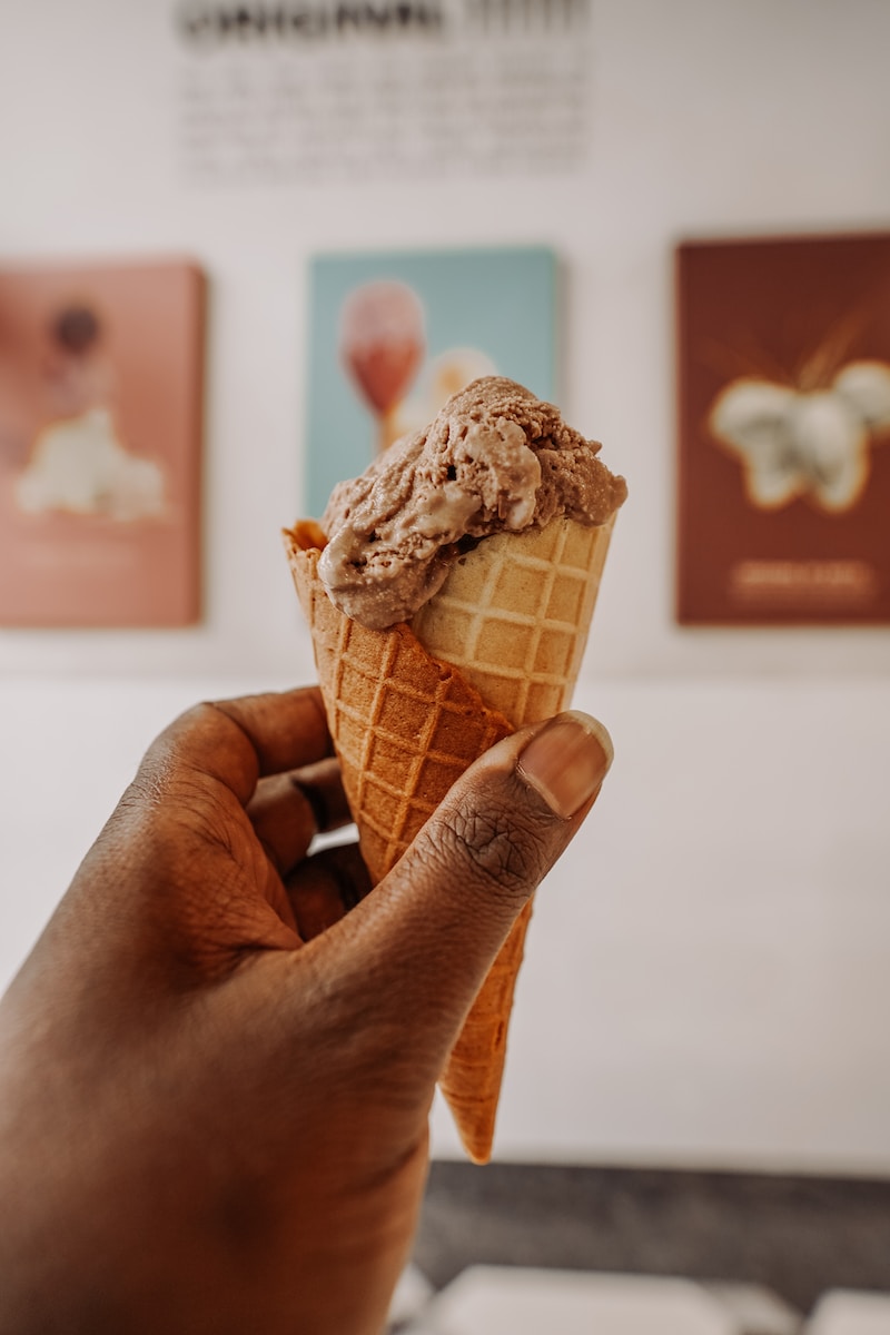 a hand holding a chocolate ice cream cone
