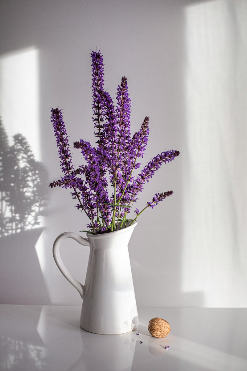 purple flowers in white ceramic vase