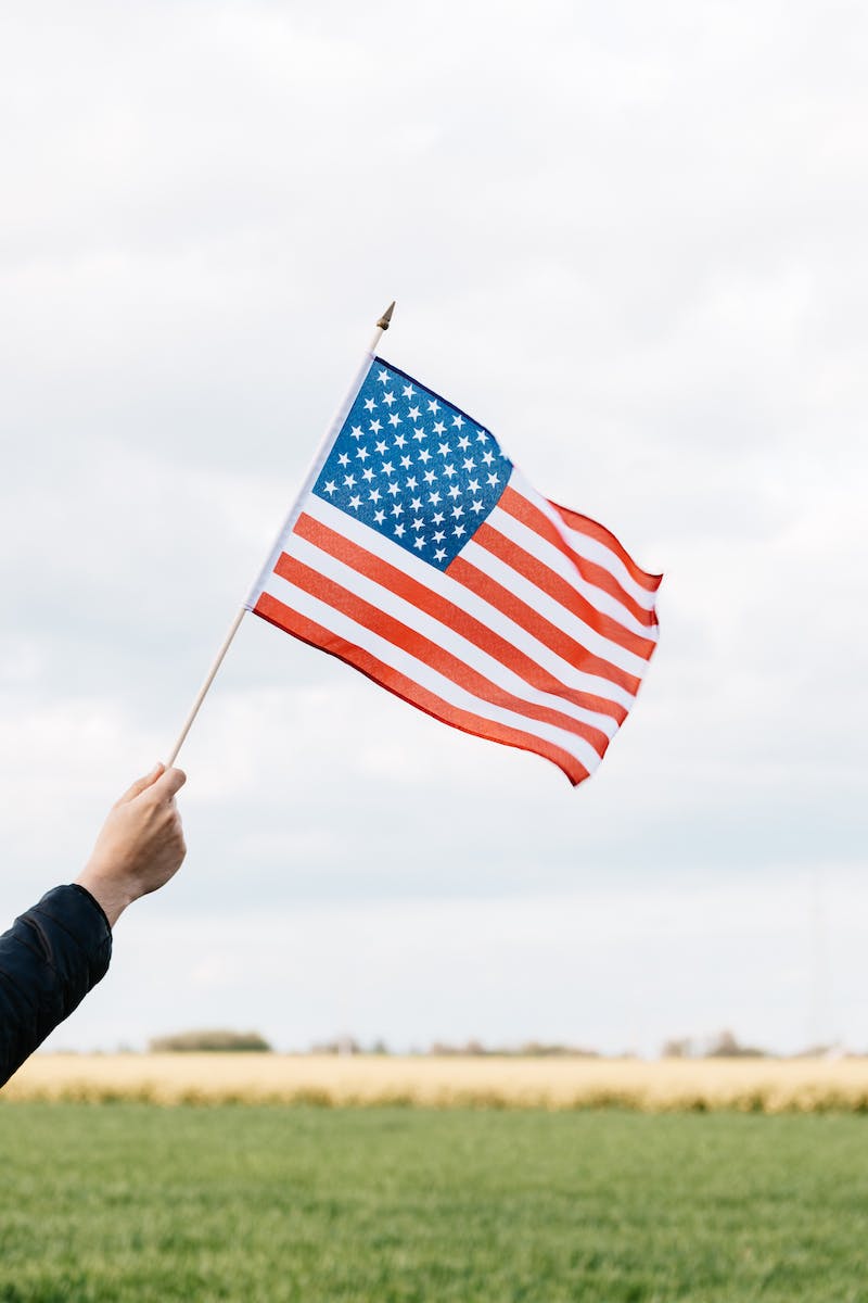 Back view of crop anonymous patriot showing pointed stick with national flag of America as symbol of heroism and prowess on Independence Day under cloudy sky on green field