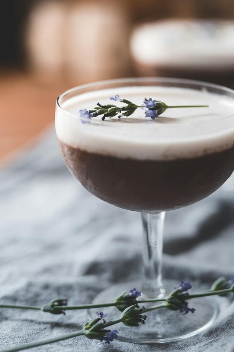 Photo Of Chocolate Dessert On A Glass With Lavender On Top